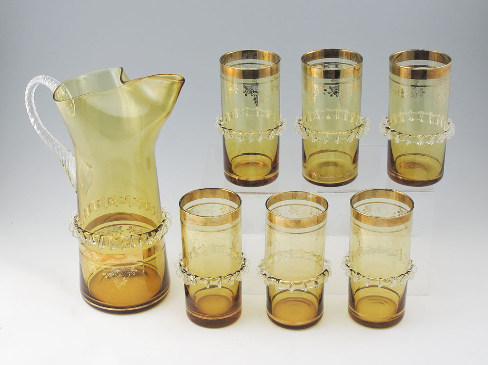 VENETIAN GLASS PITCHER AND TUMBLERS: