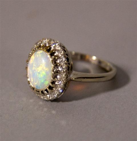 LADY'S WHITE GOLD OPAL AND DIAMOND