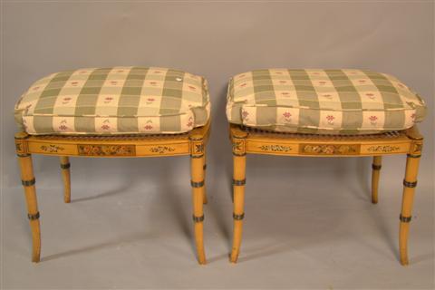 TWO PAINTED AND CANED BAMBOO STYLE