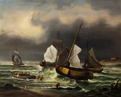 STORM TOSSED BOAT Oil on panel: