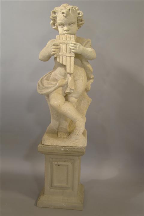 PAIR OF CAST STONE MUSICAL PUTTI one