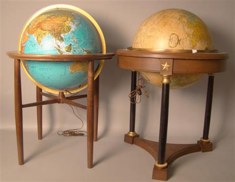 TWO GLOBES WITH STANDS one illuminated