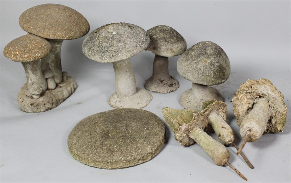 SEVEN ASSORTED CAST STONE TOADSTOOLS