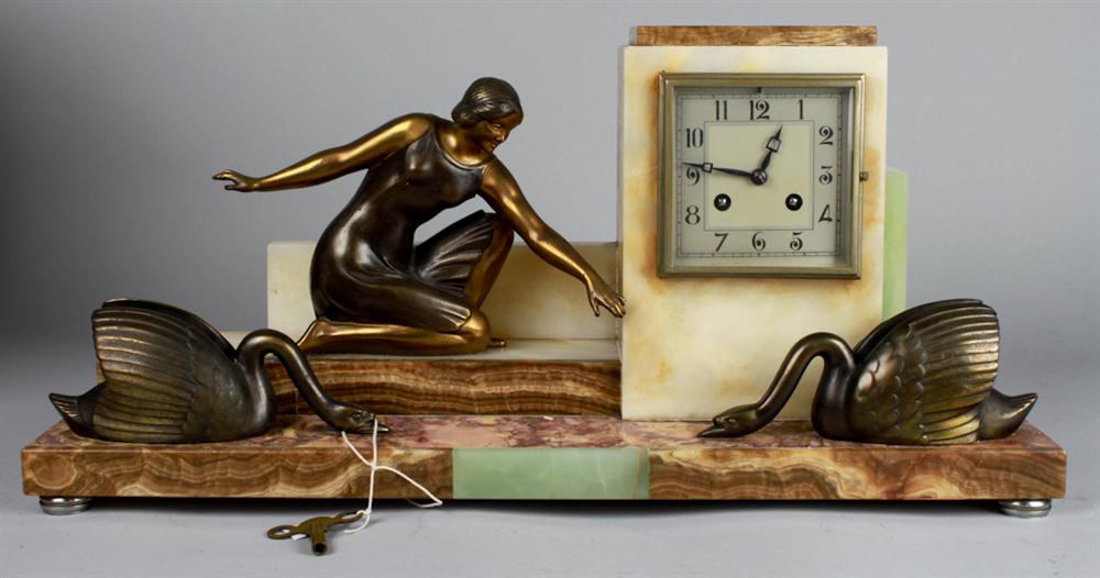 ART DECO CLOCK WITH WOMAN AND TWO 1482b8