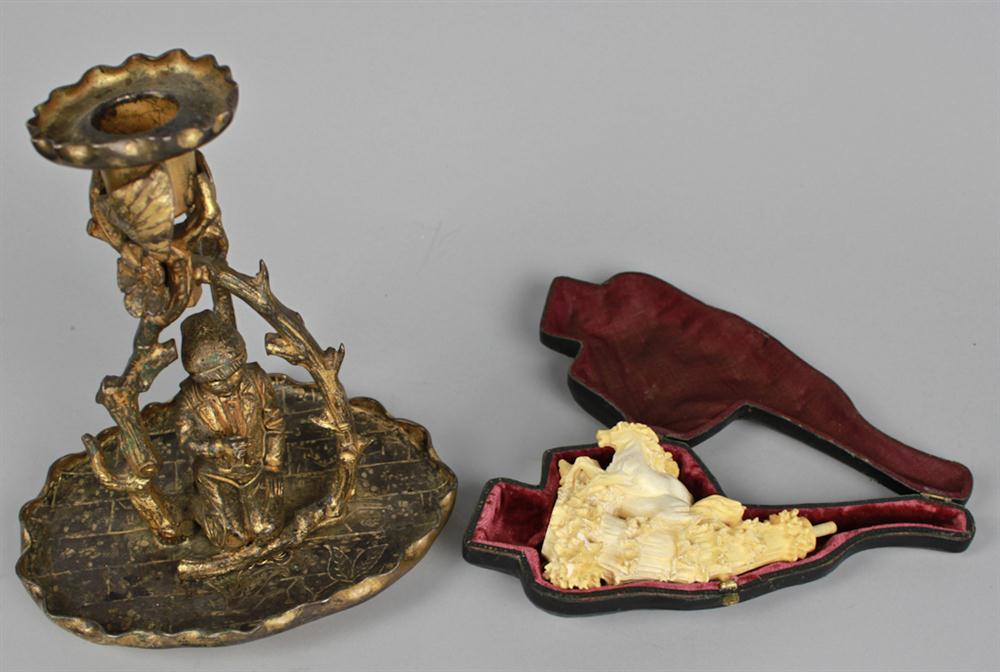 GILT BRONZE CANDLEHOLDER AND MEERSCHAUM