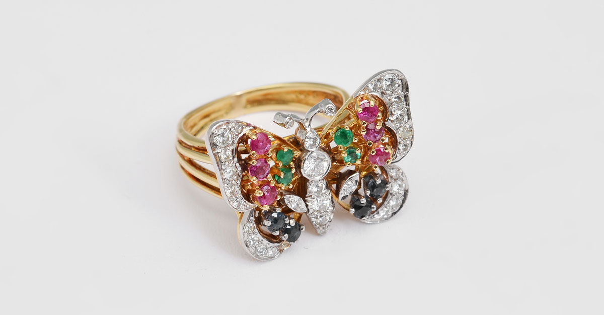 18K GEMSTONE BUTTERFLY RING Whimsical 14840d