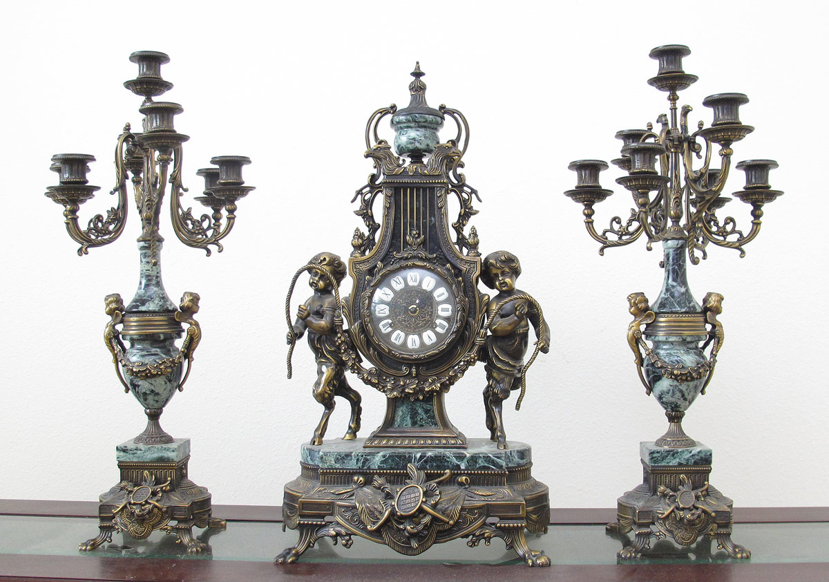 GILT METAL & MARBLE FIGURAL CLOCK GARNITURE