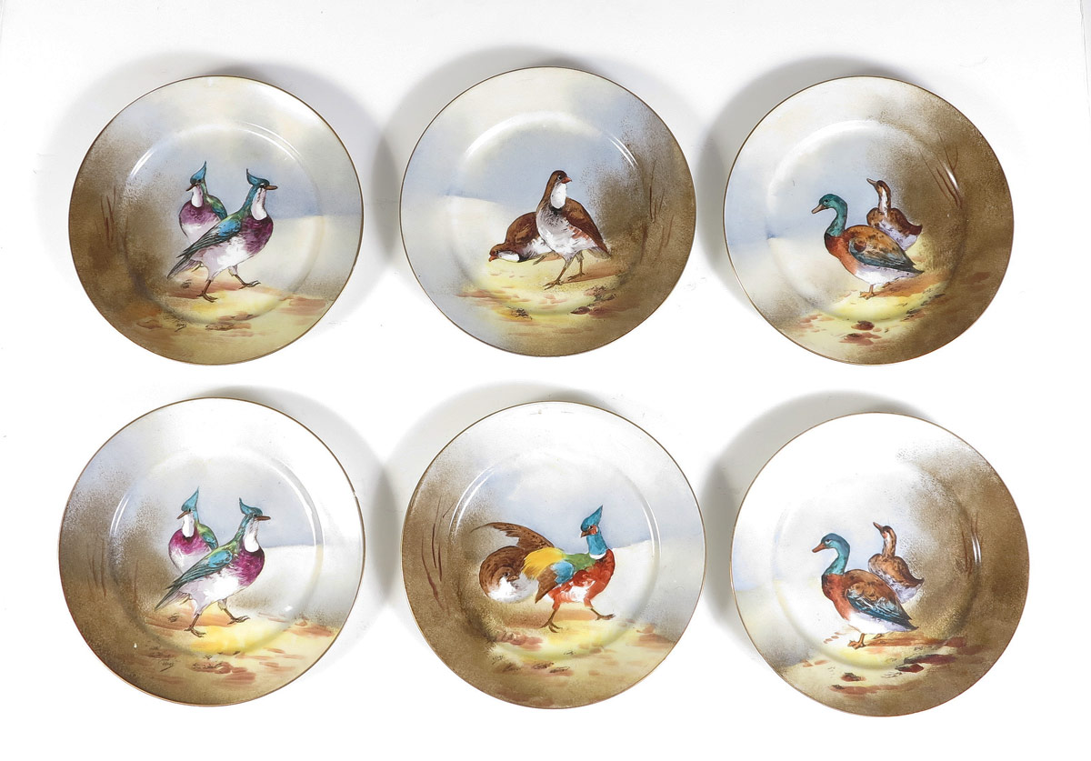 6 LIMOGES HAND PAINTED GAME PLATES: