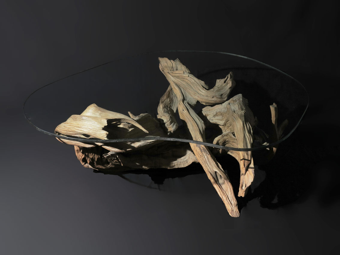 GLASS TOP DRIFTWOOD COFFEE TABLE: