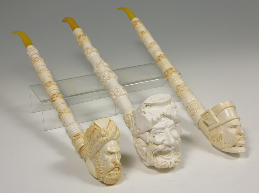 3 CARVED MEERSCHAUM PIPES: Carved