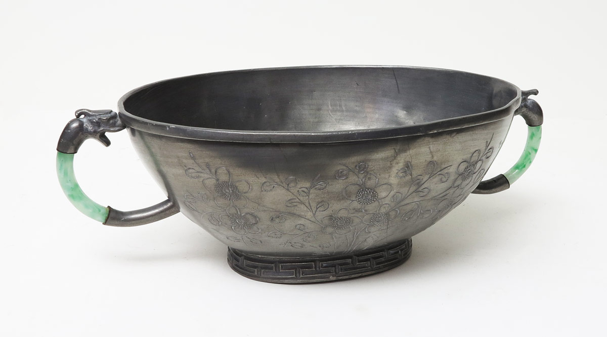 CHINESE PEWTER BOWL WITH JADE HANDLES: