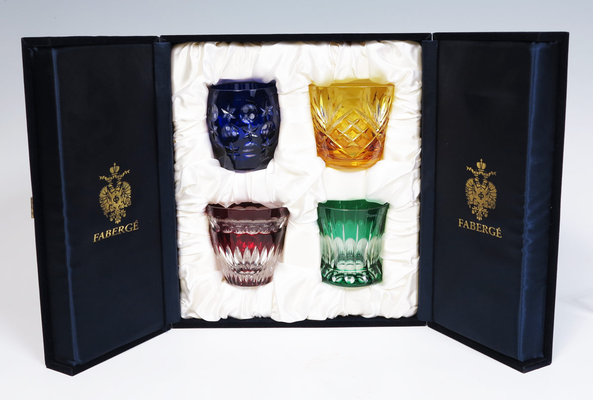 4 CUT TO CLEAR FABERGE TUMBLERS: