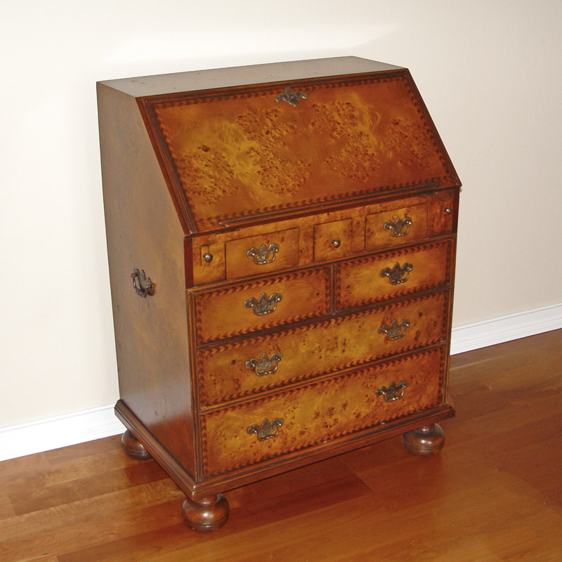 PARQUETRY INLAY BURLED DROP FRONT SECRETARY
