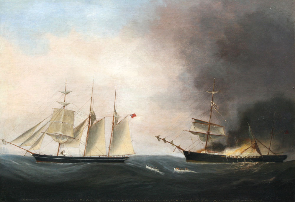 19th C. MARITIME SHIP FIRE PAINTING: