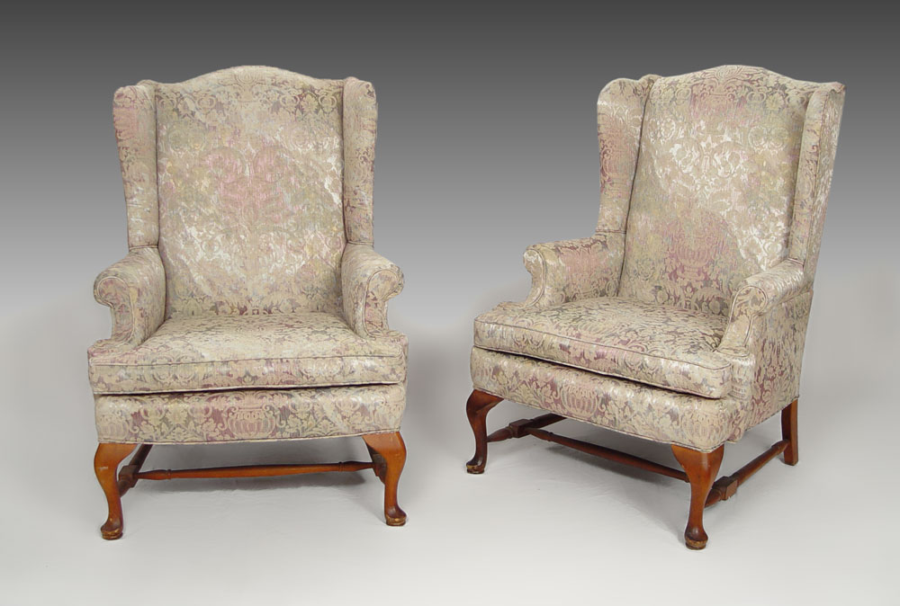 PAIR ROLL ARM HIGH WING BACK CHAIRS: