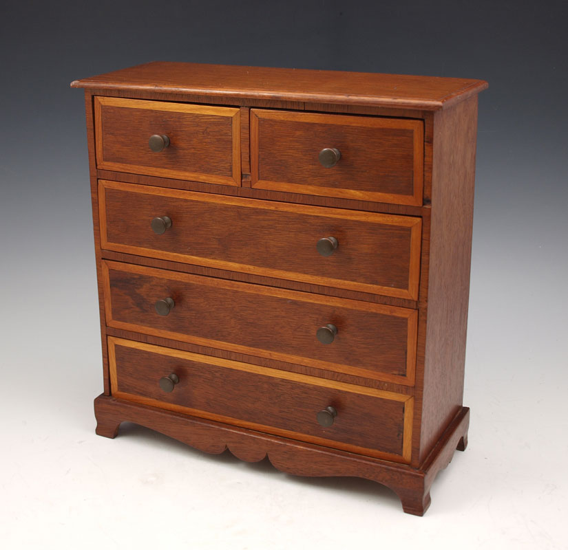 MINIATURE BANDED MAHOGANY CHEST  1485fe