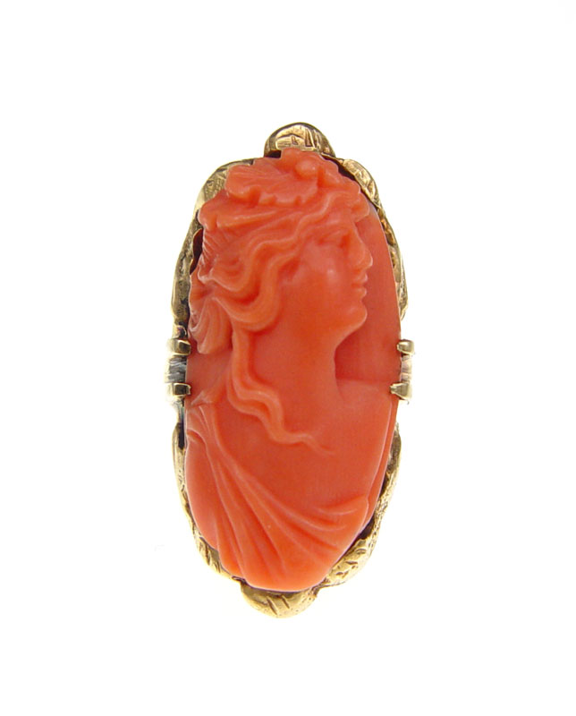 CARVED CORAL CAMEO RING 10K yellow 148665