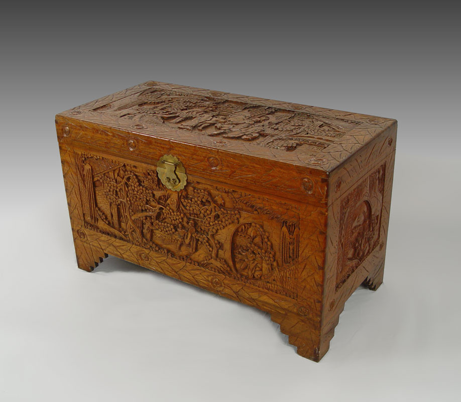 HEAVILY CARVED ASIAN CAMPHOR WOOD TRUNK: