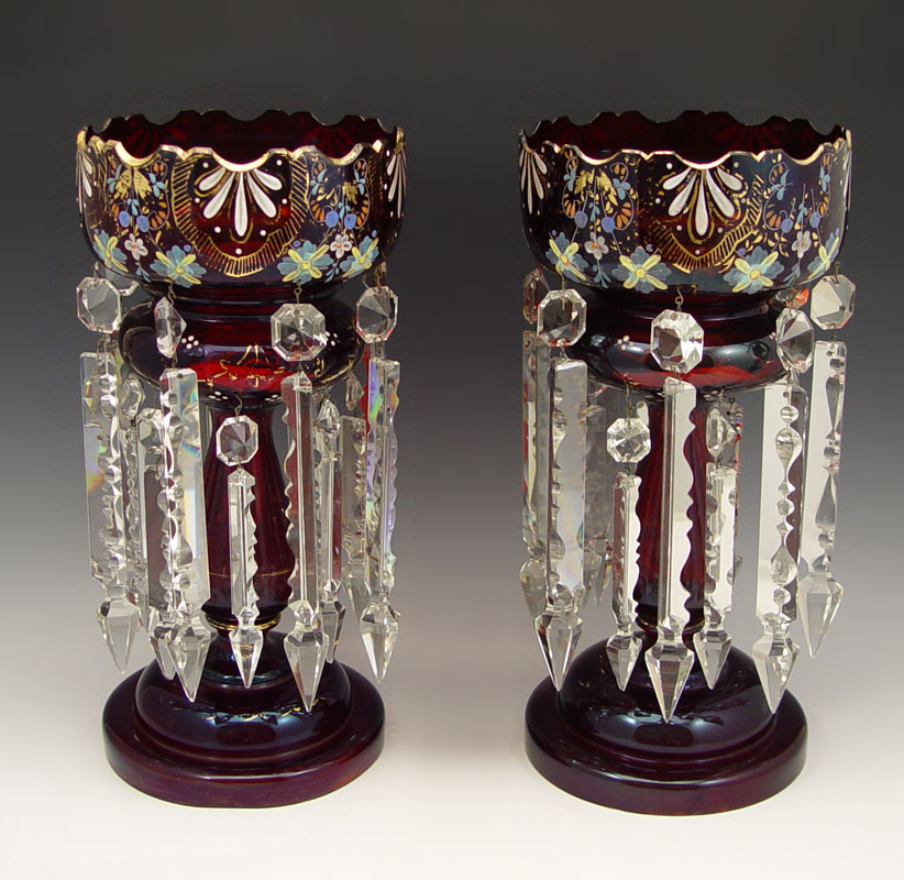 PAIR OF ENAMELED RED GLASS LUSTERS: