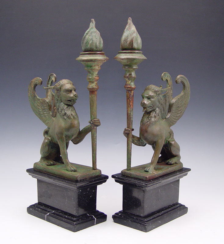 PAIR BRONZE AND MARBLE GRIFFIN