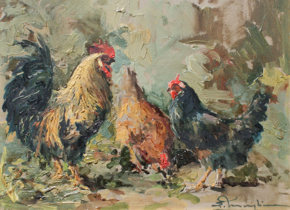 ILLEGIBLY SIGNED CHICKENS PAINTING 148730