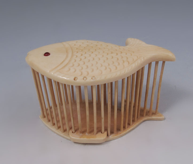 FIGURAL CARP IVORY CRICKET CAGE: