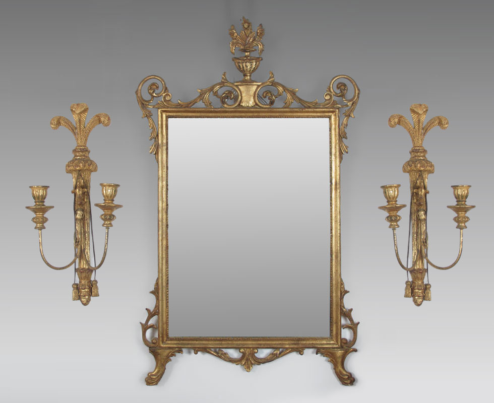 CARVED AND GILT WOOD MIRROR & SCONCES: