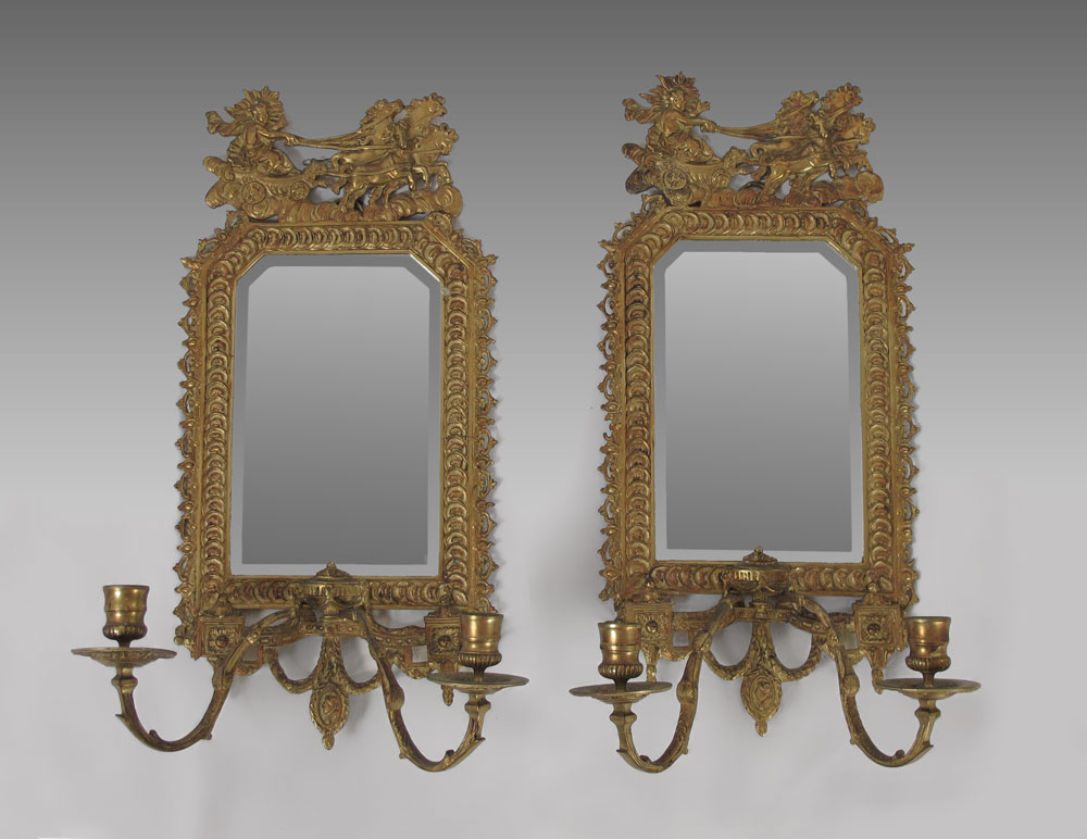 PAIR EARLY GILT METAL MIRRORED 148812