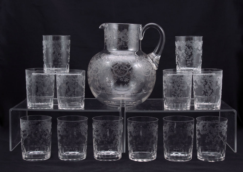 EARLY NEEDLE ETCHED GLASS PITCHER