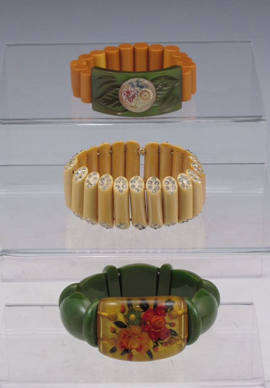 THREE BAKELITE STRETCH BRACELETS: