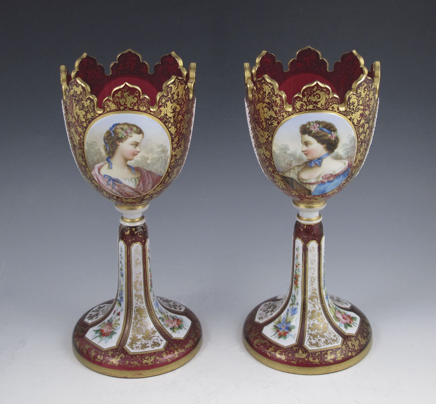 PAIR EARLY BOHEMIAN PORTRAIT GARNITURE  1488e7