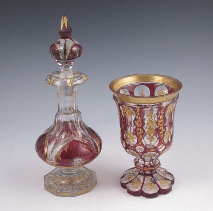 EARLY BOHEMIAN GILT DECORATED RUBY GLASS