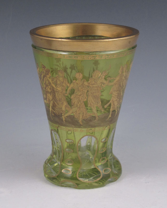 EARLY BOHEMIAN VASELINE GLASS BEAKER: