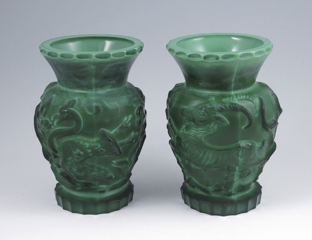 PAIR CZECH MALACHITE GLASS VASES  148a3d