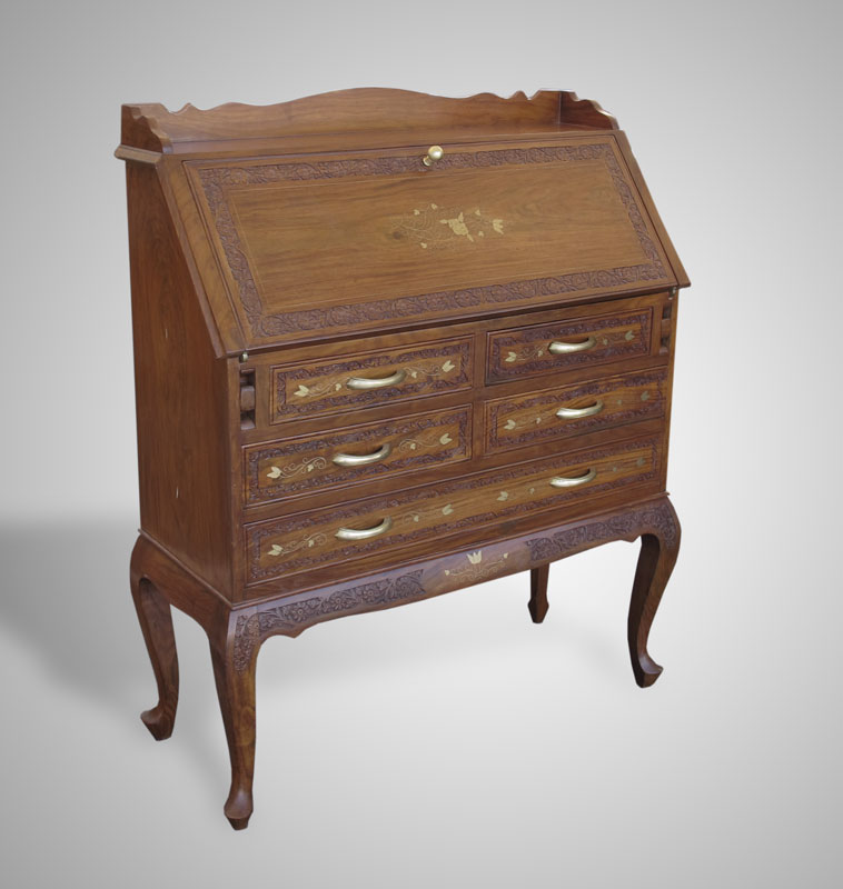 TEAK BOULLE INLAY SLANT FRONT DESK: