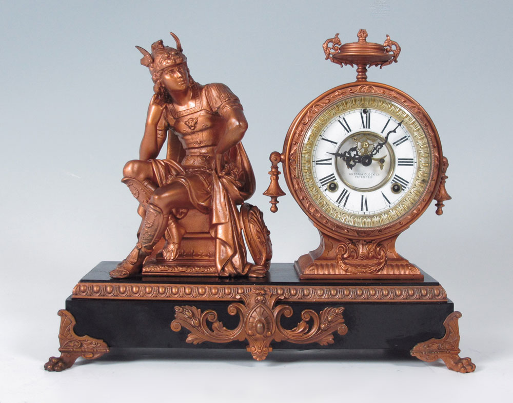 ANSONIA FIGURAL MERCURY CLOCK: Patinated