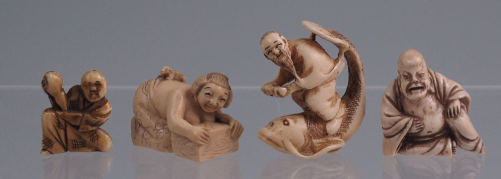 4 JAPANESE FIGURAL CARVED IVORY NETSUKE: