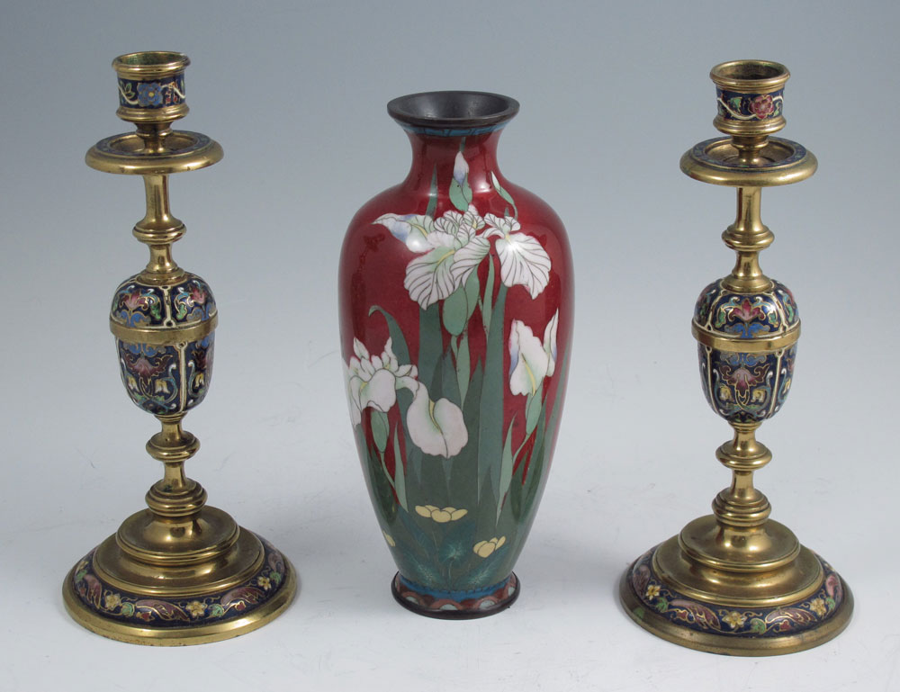 CLOISONNE VASE AND PAIR OF CHAMPLEVE
