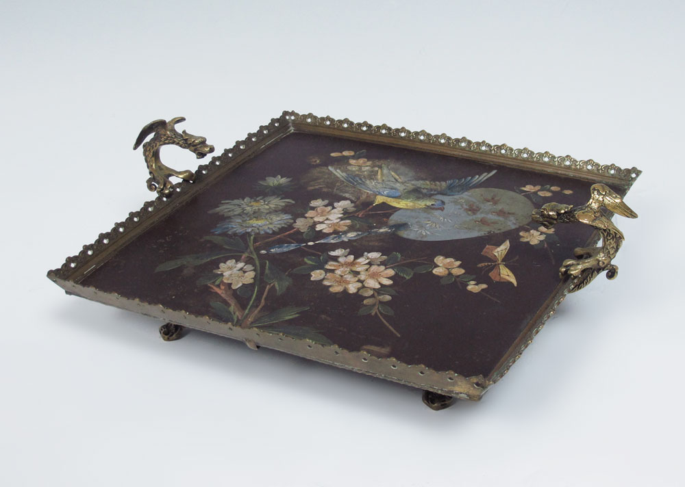 19TH C ENAMELED TRAY: Reticulated