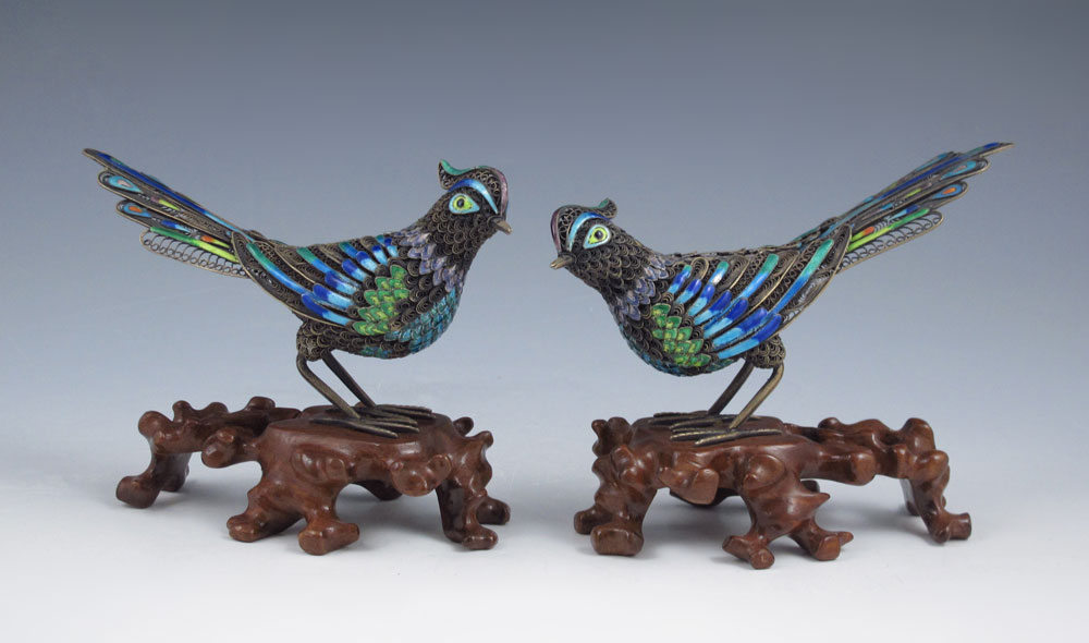 PAIR OF ENAMELED STERLING BIRDS 148e3b