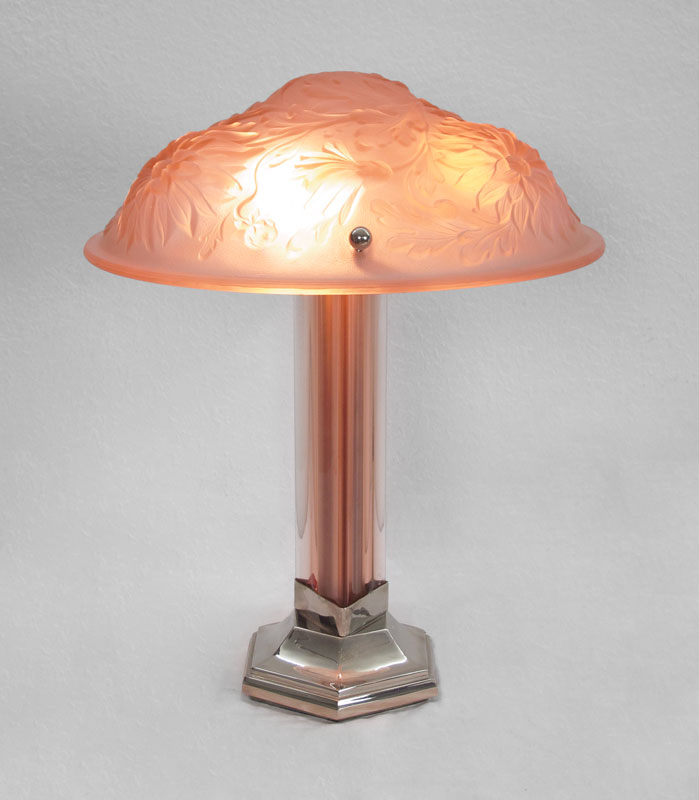 FLORAL PINK GLASS ART DECO LAMP: Frosted