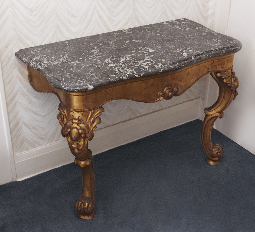 GILT & CARVED MARBLE TOP HALF TABLE: