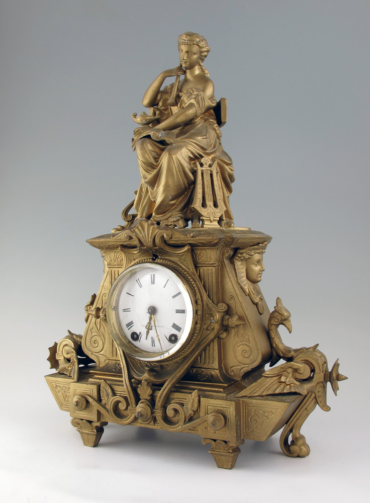 SETH THOMAS FIGURAL METAL MANTLE CLOCK: