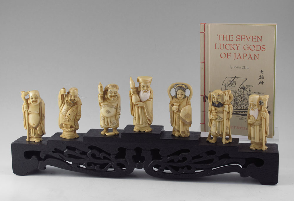 7 PIECE CARVED IVORY LUCKY GODS