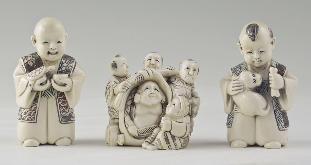 3 PIECE FIGURAL CARVED IVORY NETSUKE: