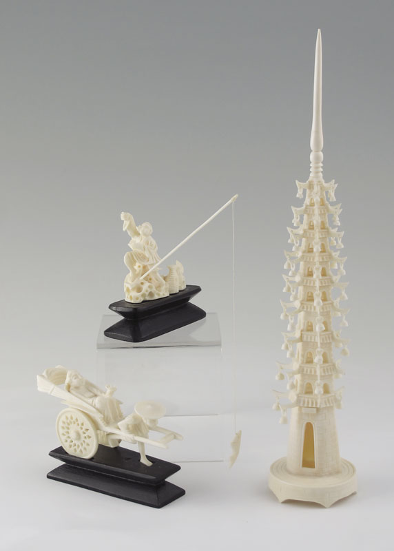 3 PIECE CARVED IVORY TOWER RICKSHAW 148ffb