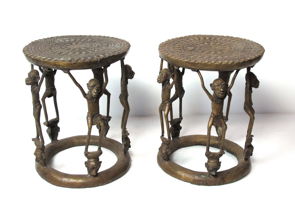 TWO AFRICAN BRONZE FIGURAL STOOLS: