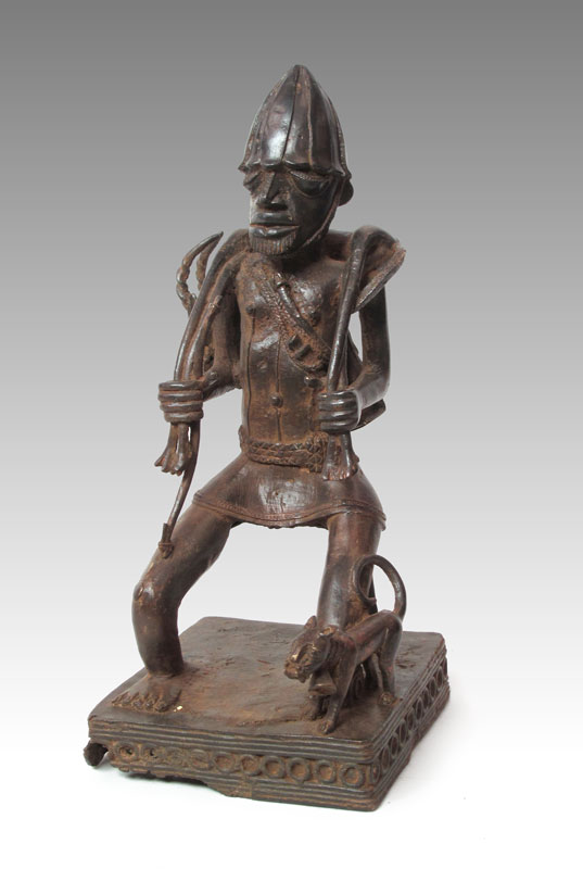 BENIN AFRICAN BRONZE HUNTER WITH