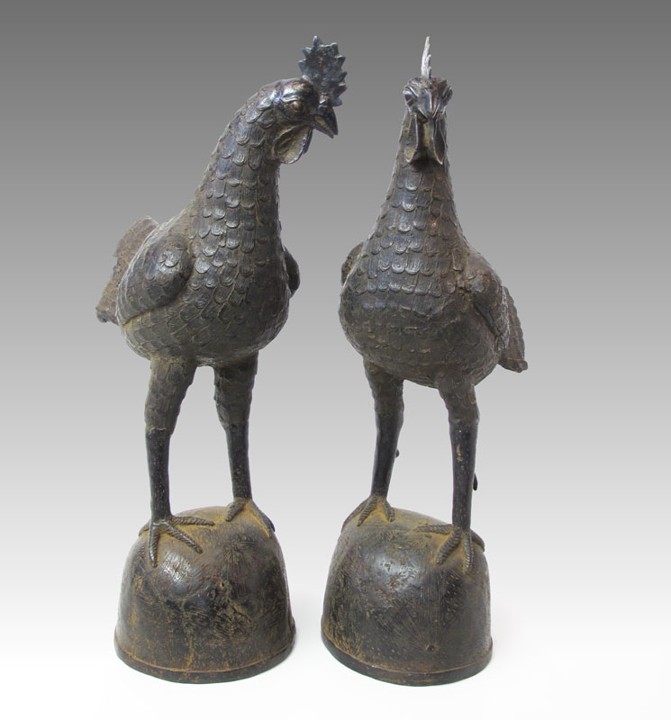 TWO AFRICAN BRONZE CAST METAL ROOSTERS