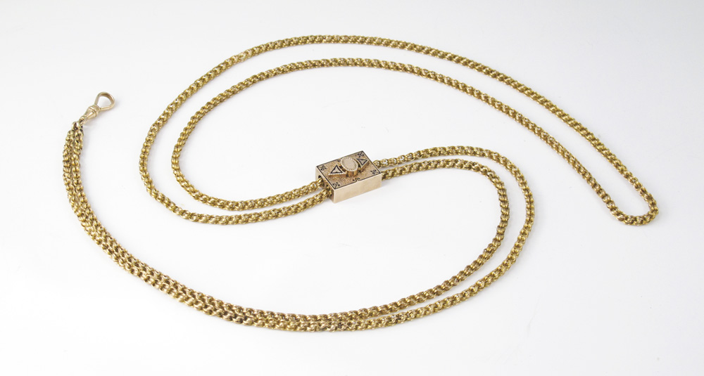 14K VICTORIAN WATCH CHAIN AND SLIDE: